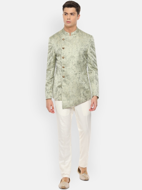 V Dot Men Green & Off White Self Design Slim-Fit Bandhgala Two-Piece Ethnic Suit