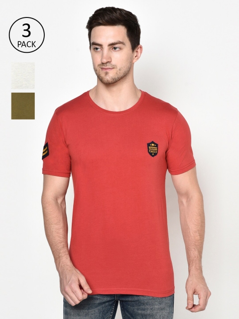 ELEGANCE Men Set of 3 Red, Olive Green & Grey Melange Appliqued T-shirts