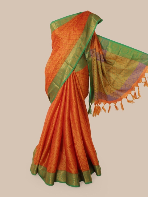 Pothys Orange & Green Ethnic Motifs Chanderi Saree