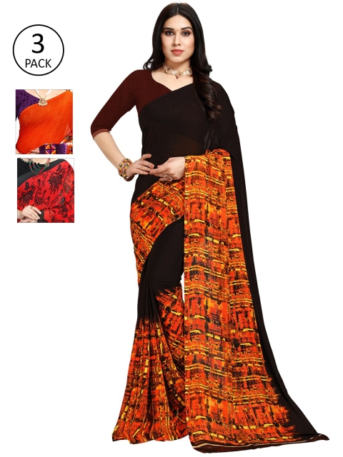 KALINI Pack Of 3 Multicoloured Printed Sarees, Orange