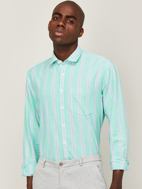 CODE by Lifestyle Men Sea Green & White Striped Regular Fit Cotton Casual Shirt