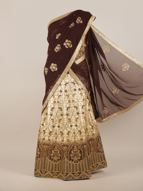 Pothys Brown & Gold-Toned Ethnic Motifs Embroidered Lehenga Saree