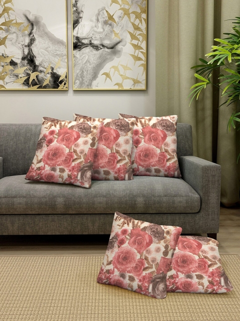 KLOTTHE Pink & Beige Set of 5 Floral Square Cushion Covers