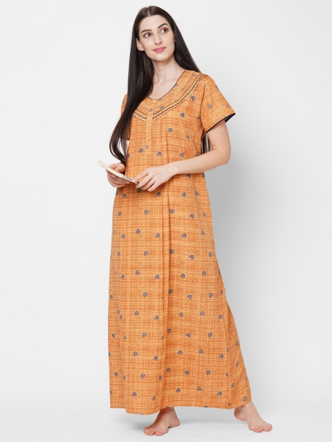 Sweet Dreams Women Mustard Printed Cotton Maxi Nightdress