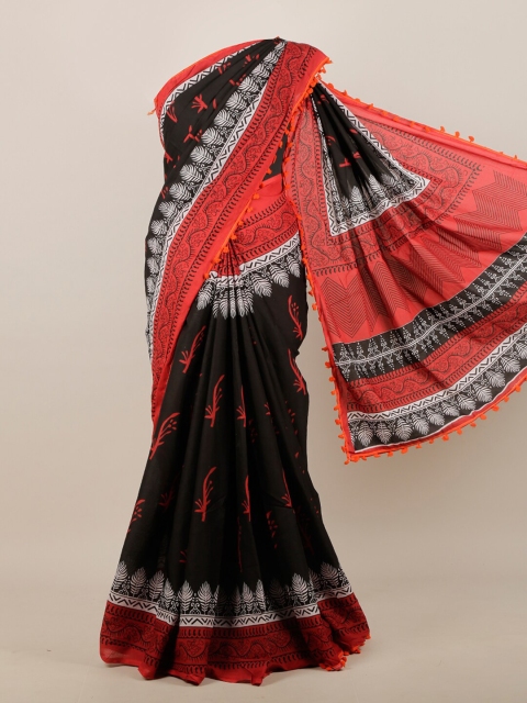 Pothys Women Black & Red Cotton Floral Printed Saree