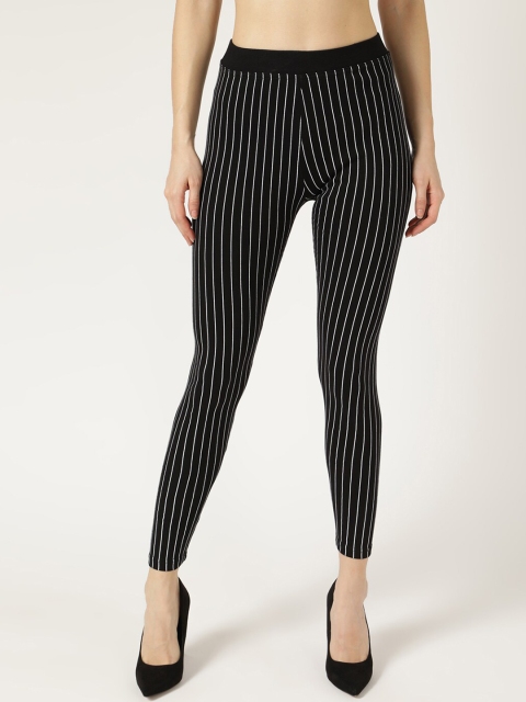 V2 Value & Variety Women Black Striped Cotton Ankle-Length Leggings