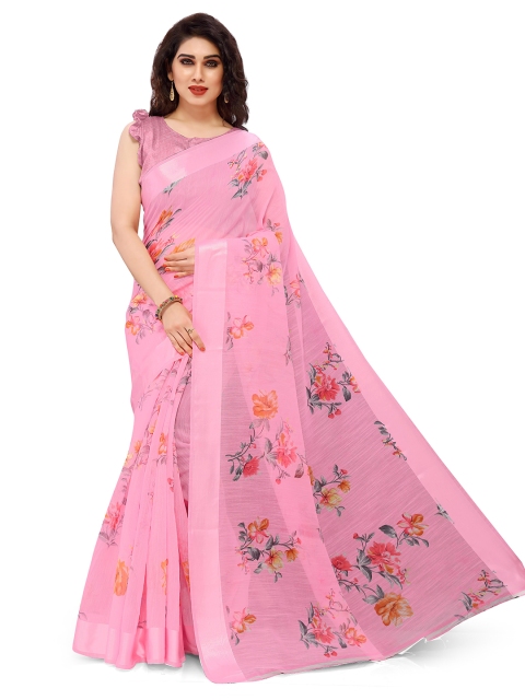 KALINI Pink & Grey Floral Printed Saree
