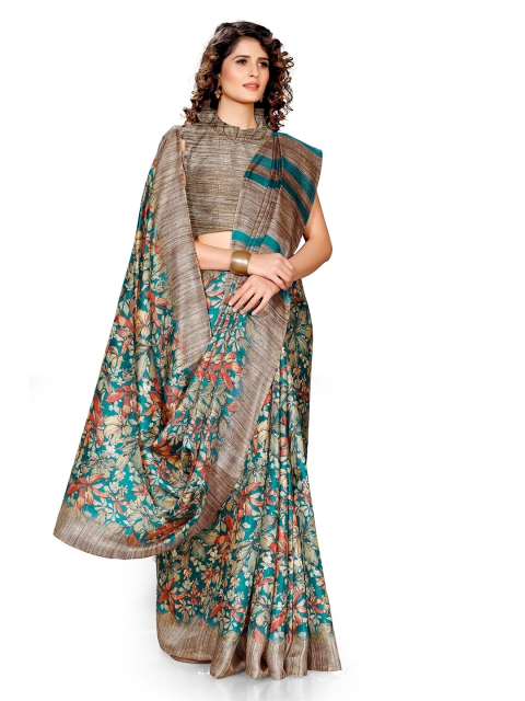 KALINI Teal Green & Beige Floral Art Silk Bagh Designer Saree