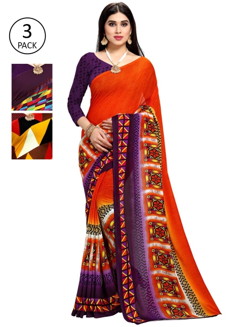 KALINI Set of 3 Purple & Orange Printed Sarees