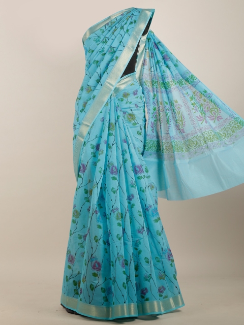 Pothys Blue Floral Printed Cotton Blend Saree
