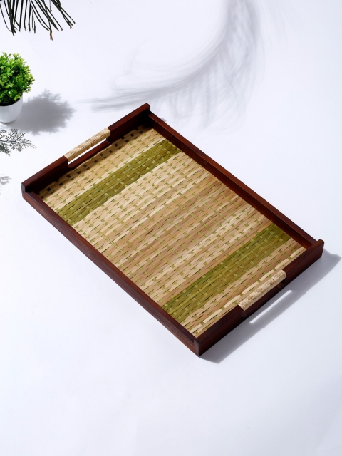 Fabindia Beige & Green Wood Cane Aadit Woven Rectangle Tray