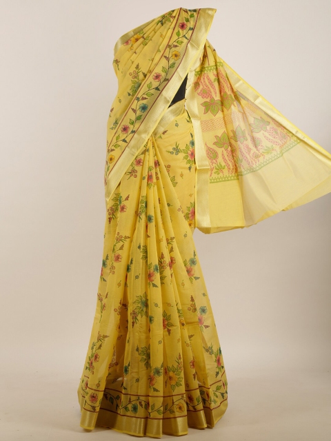 Pothys Yellow & Pink Floral Printed Saree