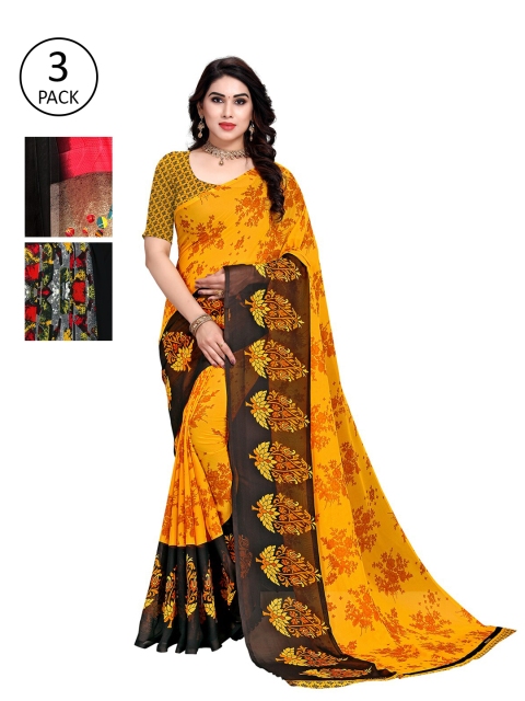 KALINI Pack Of 3 Printed Saree, Yellow