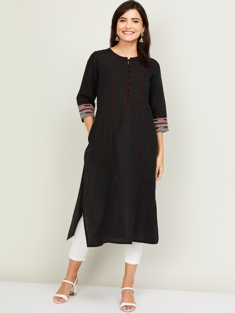 Melange by Lifestyle Women Black Solid Cotton Thread Work Straight Kurta