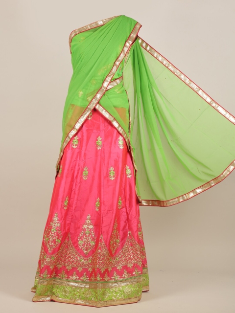 Pothys Green & Pink Floral Embroidered Half Saree