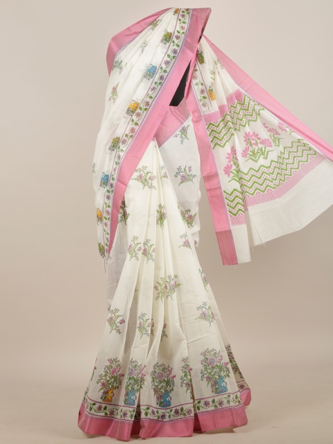 Pothys Women Off White & Pink Cotton Blend Floral Printed Saree