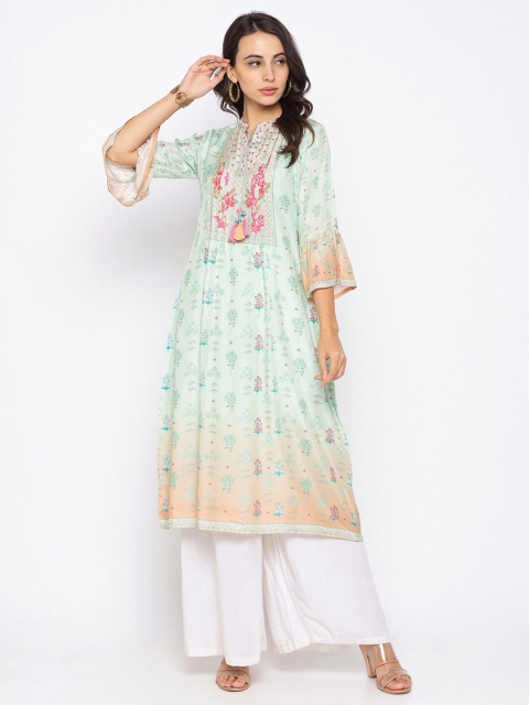 TANKHI Women Green Ethnic Motifs Printed Silk Kurta
