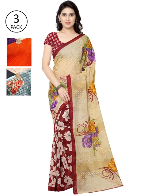 KALINI Pack Of 3 Printed Saree, Orange