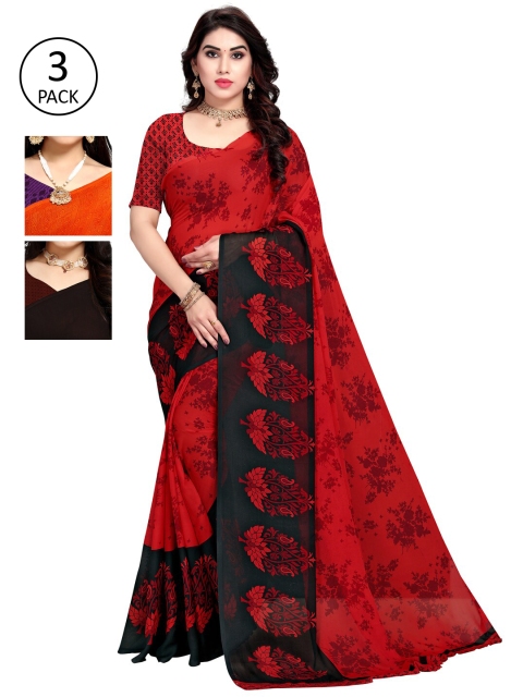 KALINI Set of 3 Orange & Red Printed Sarees