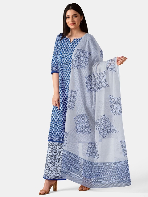 Taneira Blue & White Printed Pure Cotton Unstitched Dress Material