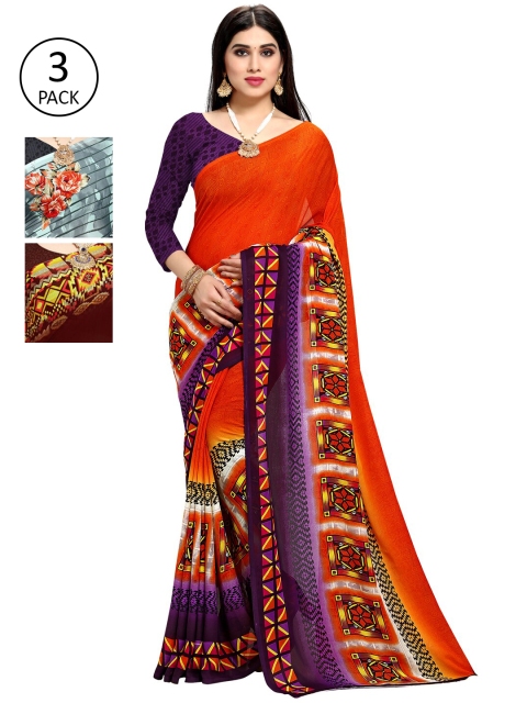 KALINI Pack Of 3 Multicoloured Printed Sarees, Orange