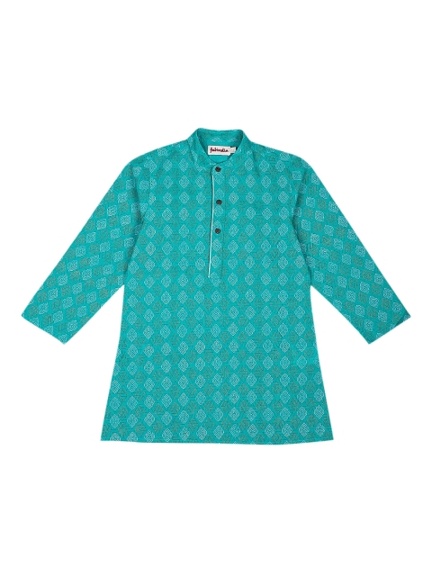 Fabindia Boys Sea Green & White Ethnic Motifs Print Cotton Kurta