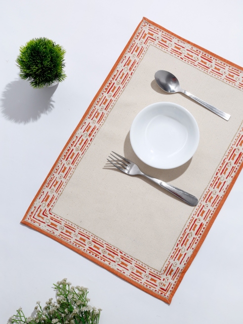 Fabindia Set Of 4 Rust-Orange & Beige Printed Cotton Woven Table Mats