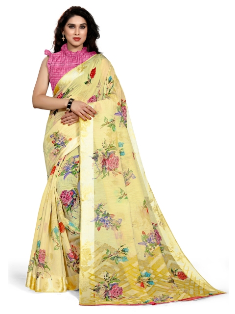 KALINI Yellow & Green Floral Printed Saree