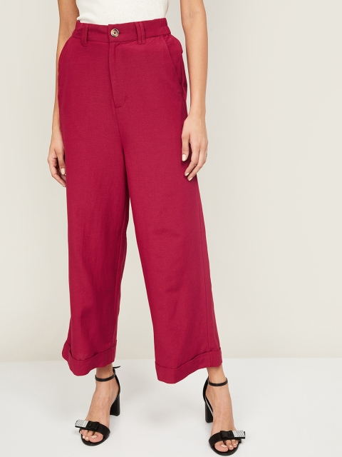 CODE by Lifestyle Women Red Linen Solid Parallel Trousers