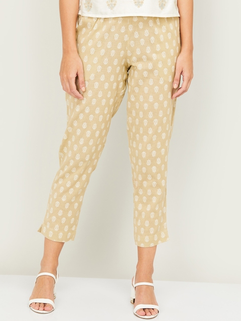 Melange by Lifestyle Women Beige & White Cotton Ethnic Printed Crop Cigarette Trousers