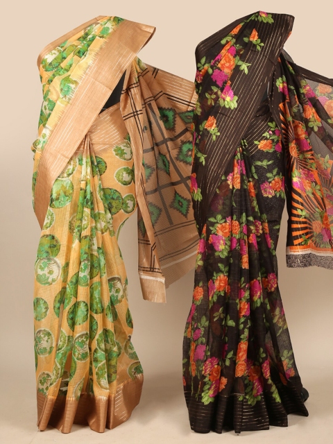 Pothys Pack Of 2 Yellow & Black Floral Jute Silk Sarees
