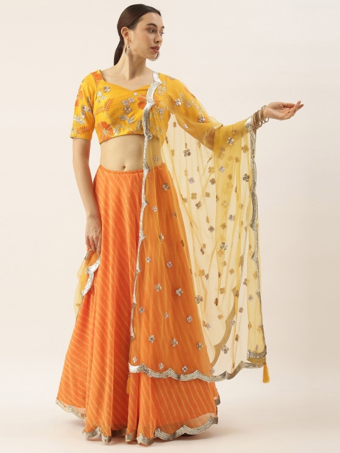 panchhi Orange & Yellow Lehariya Ready-to-wear Lehenga & Unstitched Blouse With Dupatta