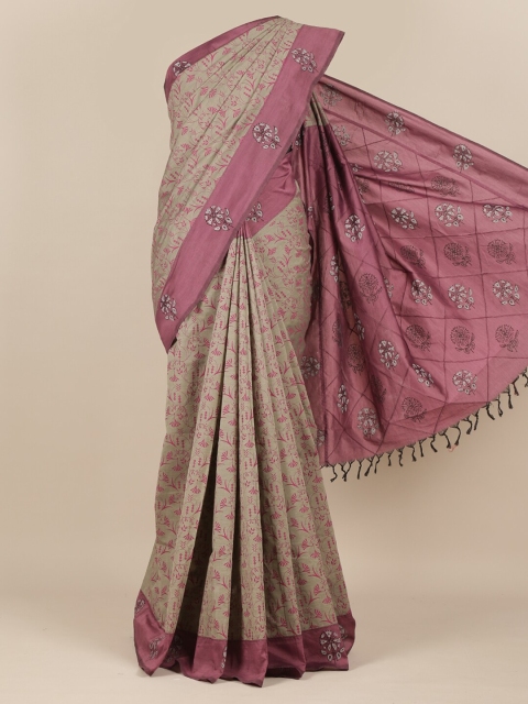 Pothys Women Grey & Pink Cotton Blend Floral Printed Saree