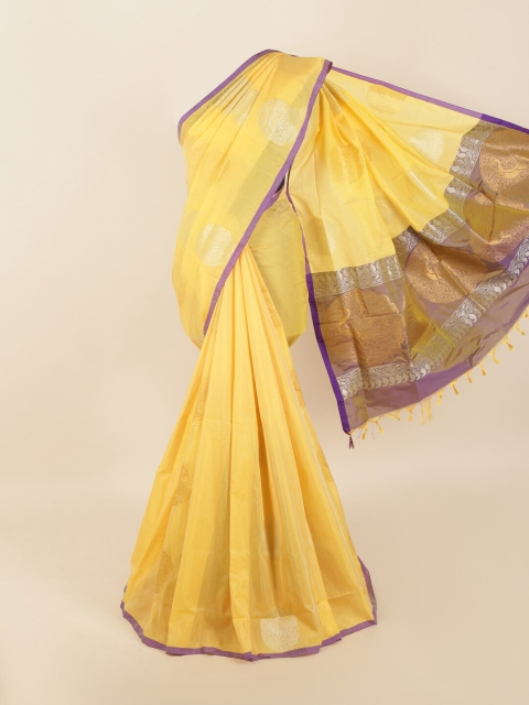 Pothys Yellow & Silver-Toned Ethnic Motifs Silk Blend Saree