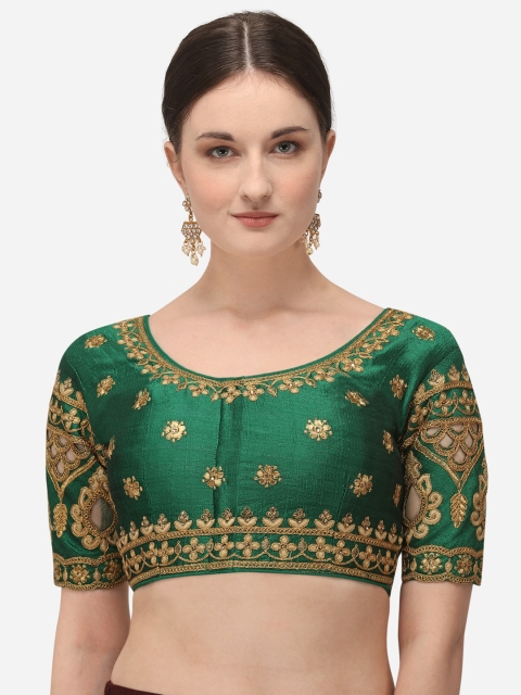 Amrutam Fab Women Green & Gold-Coloured Embroidered Silk Saree Blouse