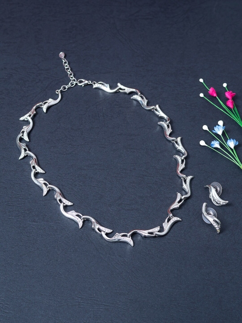 Golden Peacock Silver-Toned & White Stone-Studded Choker Jewellery Set