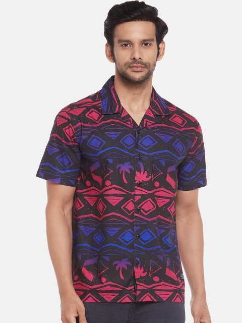 People Men Black Slim Fit Printed Casual Shirt