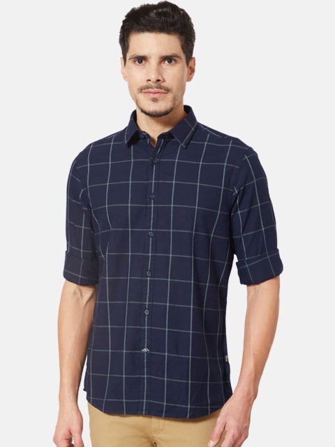 J Hampstead Navy Blue Slim Fit Checks Casual Shirt