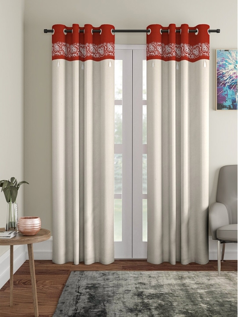 BLANC9 Off White & Rust Red Set of 2 Floral Long Door Curtain
