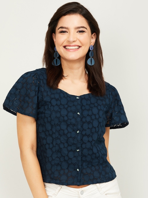 Colour Me by Melange Women Blue Schiffli Embroidered Pure Cotton Top