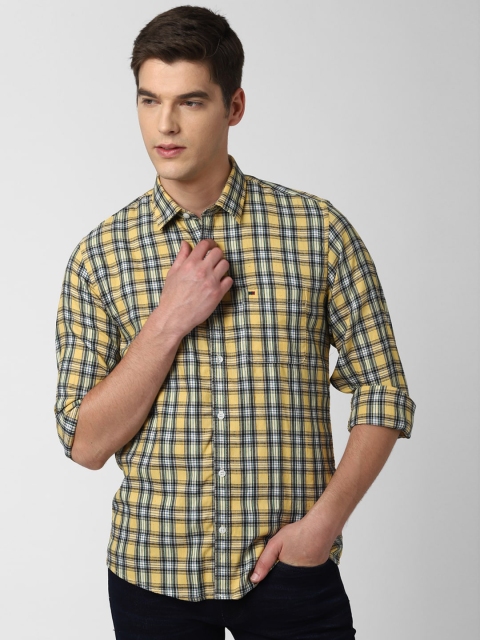Peter England Casuals Men Yellow Slim Fit Tartan Checks Checked Casual Shirt