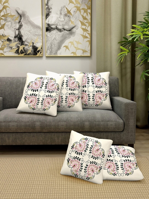 KLOTTHE Off White & Green Set of 5 Embroidered Square Cushion Covers