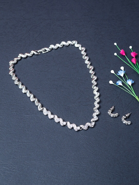 Golden Peacock Silver-Toned & White Diamonds Studded Contemporary Jewellery Set