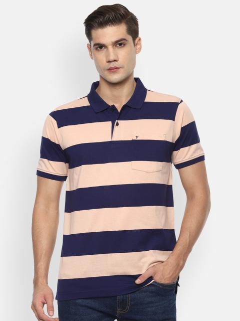 Van Heusen Sport Men Pink & Navy Blue Striped Polo Collar T-shirt