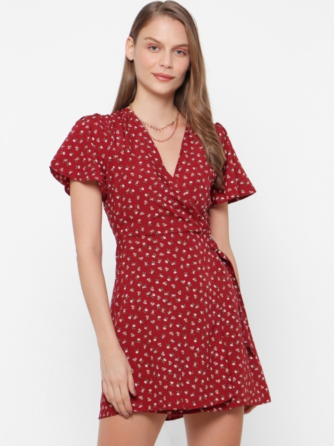 FOREVER 21 Women Maroon Floral Wrap Mini Dress