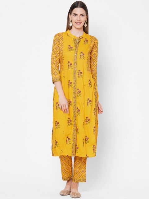 FASHOR Women Mustard Yellow Floral Printed Kurta with Trousers