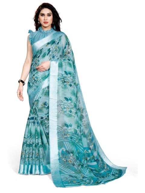 KALINI Blue & Green Floral Printed Bagh Saree