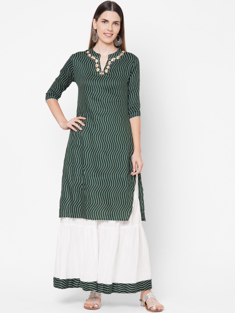 FASHOR Women Green Striped Gota Embroidered Kurta with Skirt