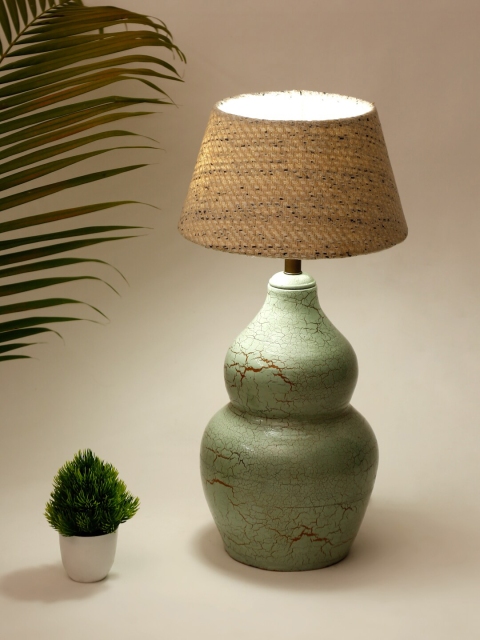 Fabindia Green & Beige Solid Contemporary Terracotta Bedside Lamp, Blue
