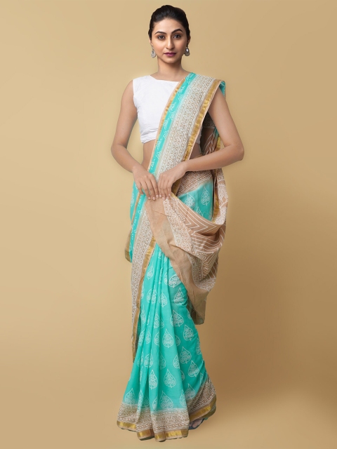 Unnati Silks Turquoise Blue & White Batik Pure Cotton Block Print Saree